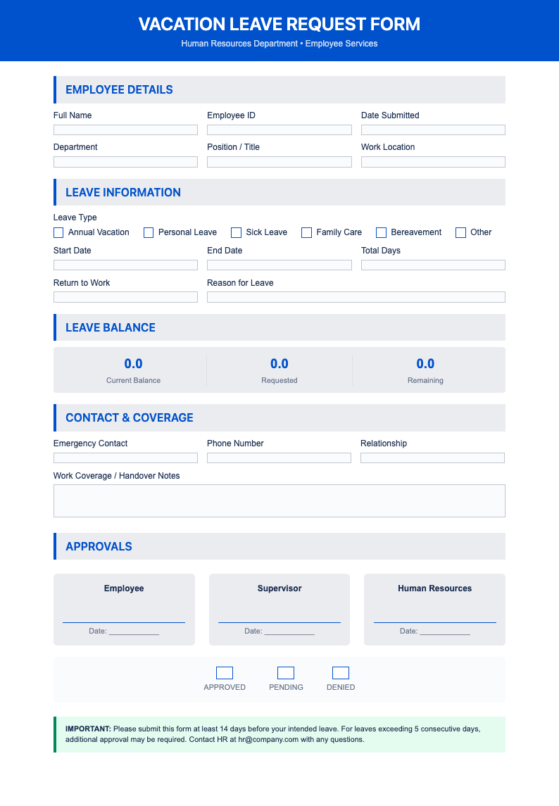 Corporate blue vacation leave form